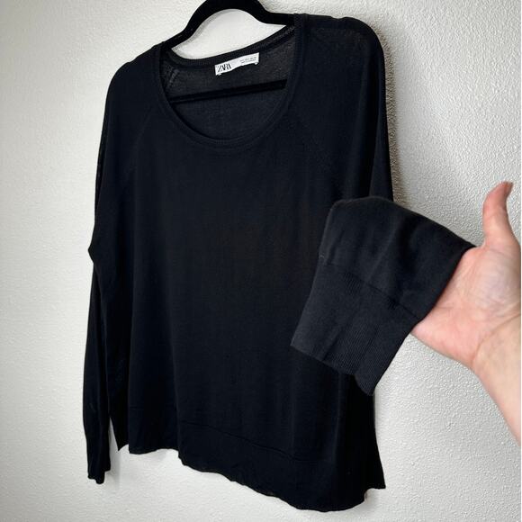Zara Black Round Neck Long Sleeve Lightweight Thin Sweater Jumper L - Picture 1 of 11